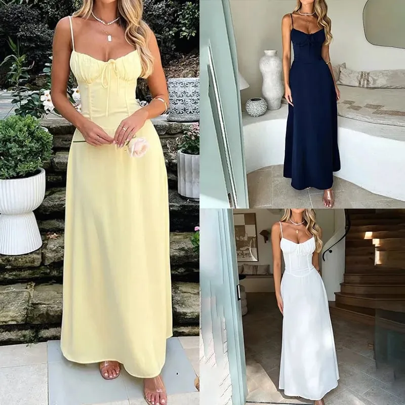 Robe mi-longue de couleur unie pour femmes, tenue de soirée élégante, ligne a, nouée sur le devant, parfaite pour les fêtes et les vêtements d'été, nouvelle collection — image 1