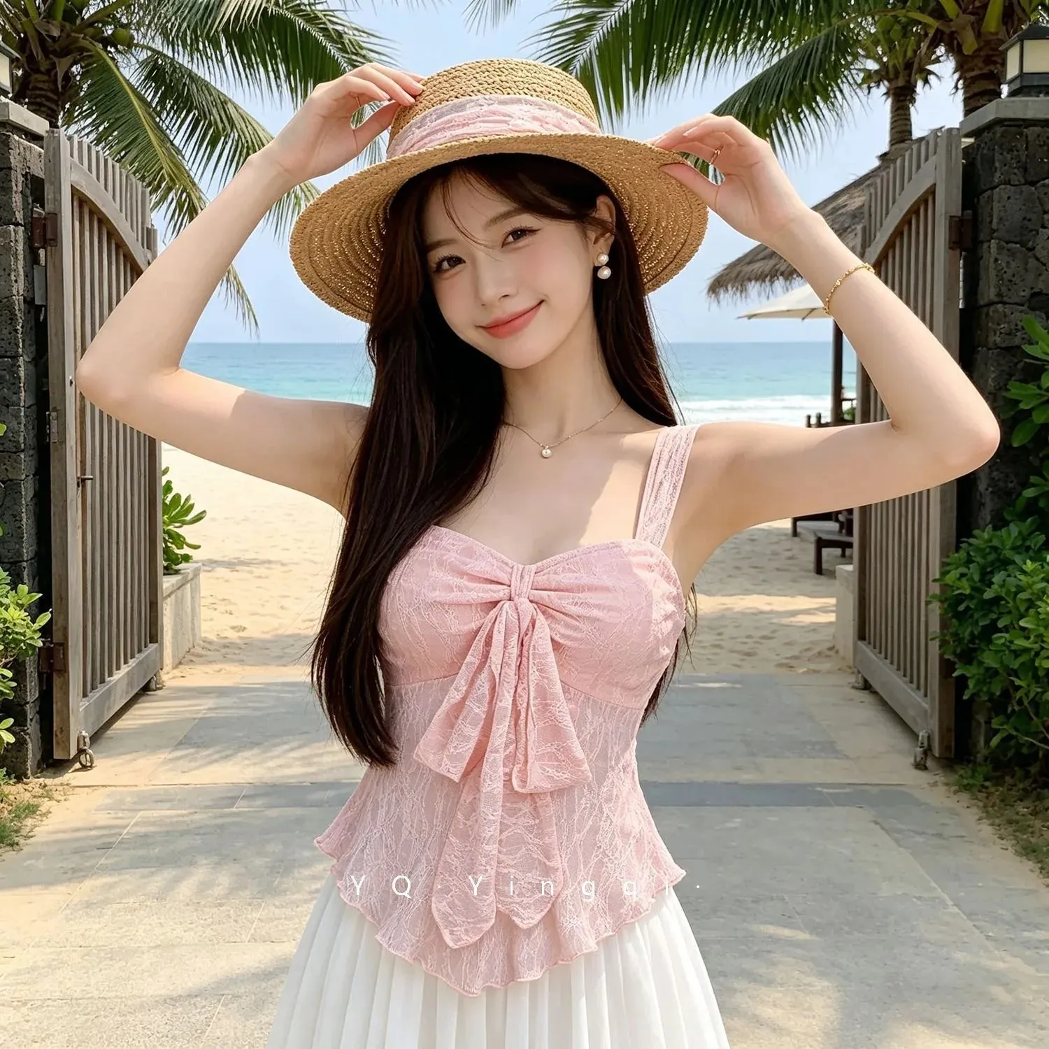 ภาษาฝรั่งเศสคำนุ่ม PURE ความงามผู้หญิง Cropped camisole ลูกไม้ผ้า jacquard เครื่องประดับโบว์เอว cinched อเนกประสงค์แขนกุด Inn