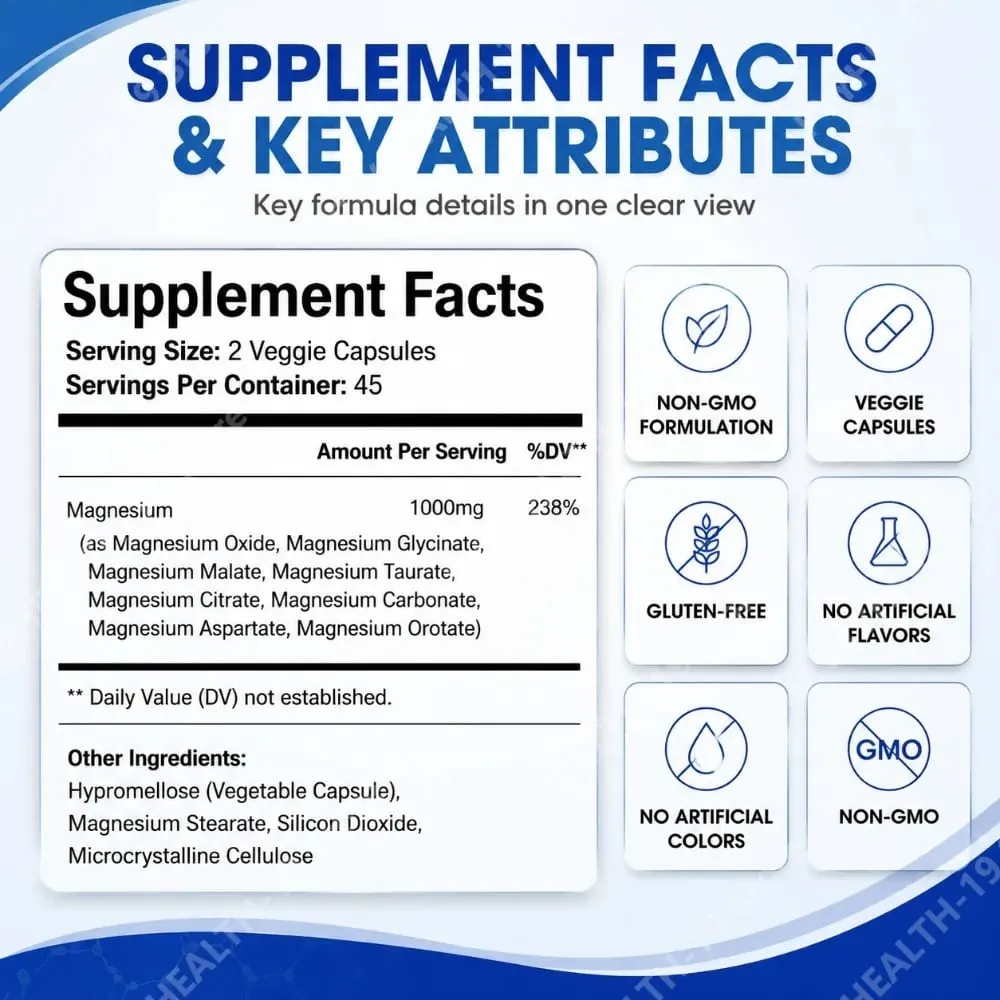 Kapsul Kompleks Magnesium 8 Bentuk 1000mg Oksida Glisinat Malat Untuk Tidur Otot & Kesihatan Tulang Sokongan Dewasa 90 Kiraan — image 3
