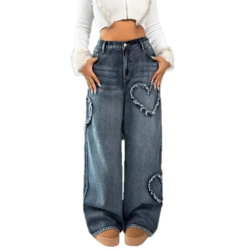 Jeans in denim lavato pesante patchwork retrò americano con bordo sfrangiato Pantaloni larghi dritti a gamba larga unisex da strada 21095 — image 6
