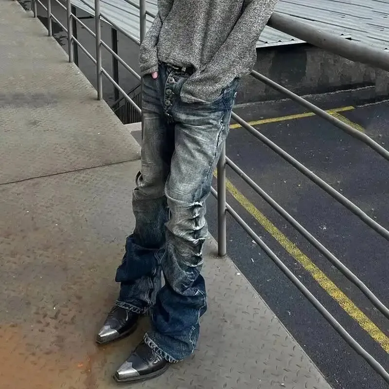 Amerikanische männer Denim Hosen Waschen Taste Design Plissee Lose Jeans Kontrast Farbe Casual Männlichen Unten Vintage 4K5156 — image 4