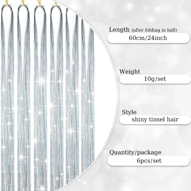 Syntetické 6ks Sparkle Lesklé Tinsel prodlužování vlasů Barevné dlouhé rovné Tinsel Kit 1200 pramenů Příčesek pro dívčí párty — image 3