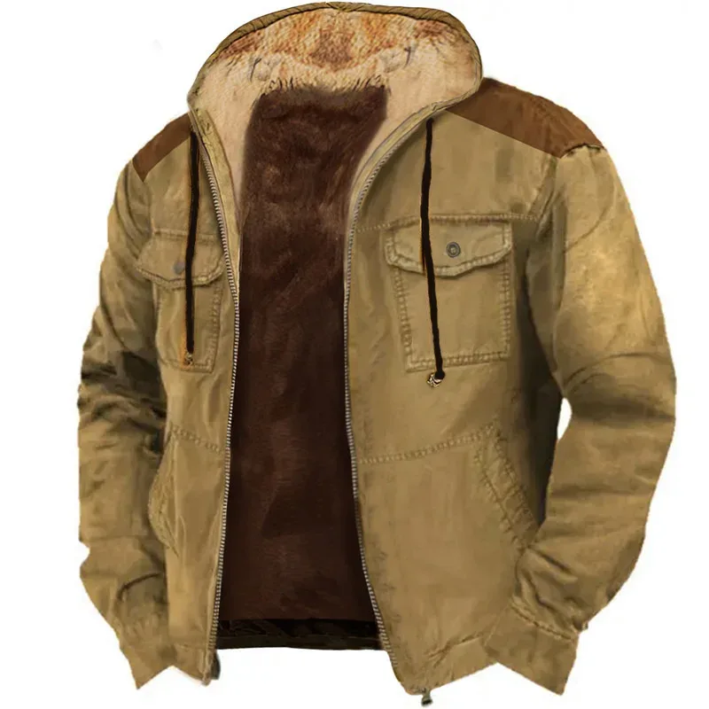 Men's Winter Fleece Hoodies Solid Patchwork Fashion Hooded Windbreaker Jacket Male Loose Work Wear Clothes Sweatshirt Outwear — image 17