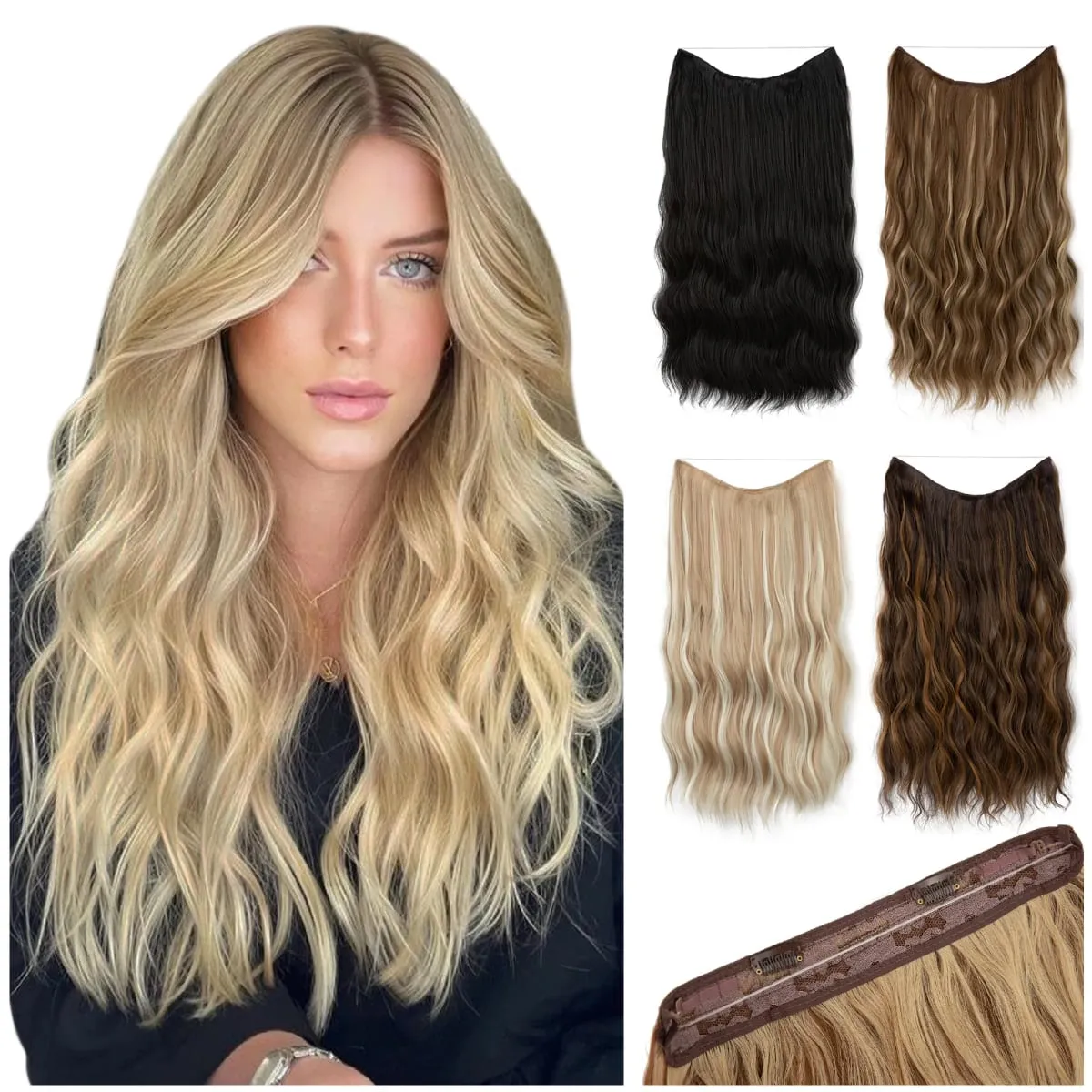 Synthetic Wave Invisible Clip in Hair Extensions Fish Line Ombre Natural Blonde One Piece Hairpiece Fake Hair Piece — image 2