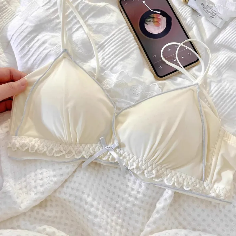 Lingerie femminile francese con coppe sottili, senza ferretto, seno piccolo, reggiseno dolce senza ferretto