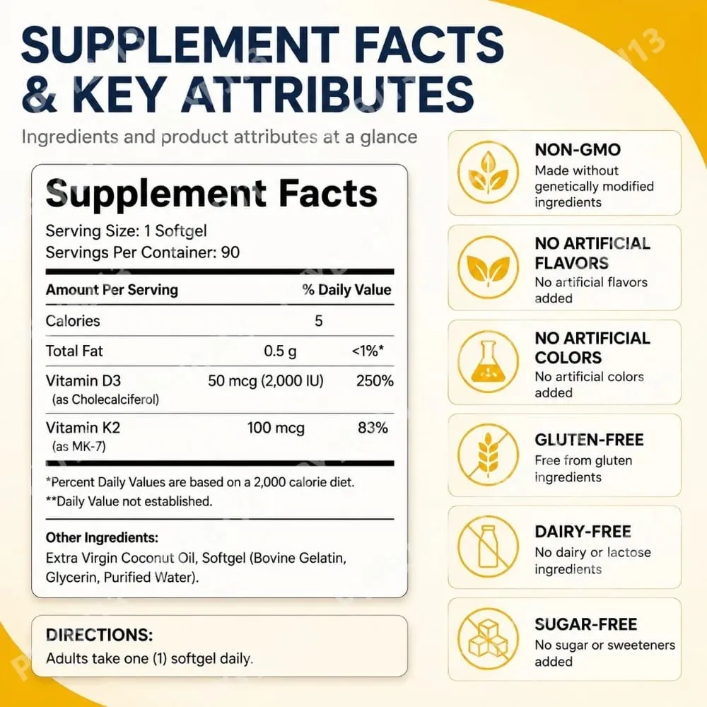 Vitamin D3+K2 Capsules 2000 IU + 100 Mcg - Bone Health & Immune Support Calcium Absorption Daily Wellness Formula 90ct — image 4