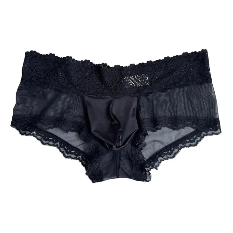Men Ice Silk Lace Trim Thin Seamless Briefs Glossy 3D Pouch Lightweight Underwear Panties Comfortable Daily Lingerie — image 3