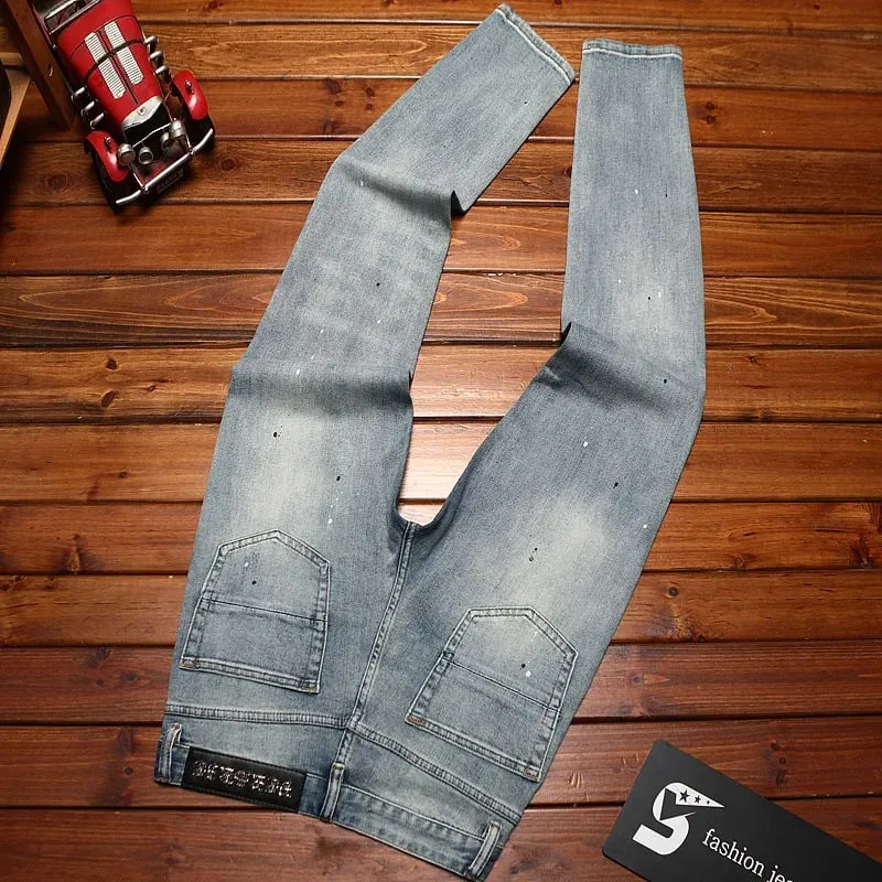 Zerrissene Patch-Jeans für Herren, abgenutzt und abgenutzt, schmal geschnitten, für den Sommer, kleine Füße, elastisch, modisch, nostalgisch, lange Hose im Retro-Stil — image 5