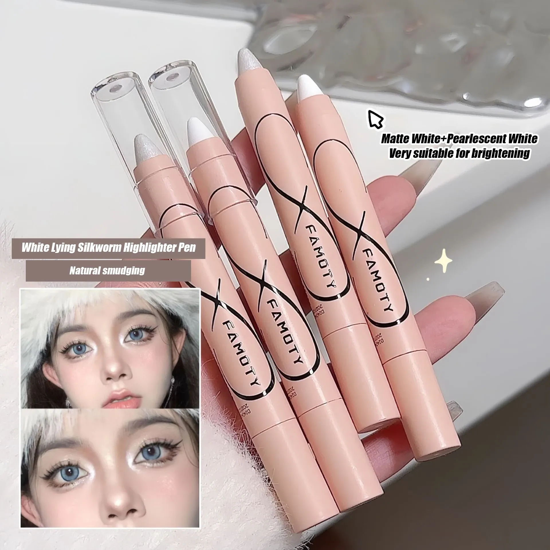 Pearl Ležící Silkworm Zvýrazňovač očních stínů Matná třpytivá tyčinka na oční stíny Bílá perleťová rozjasňující oční linky Kosmetika — image 6