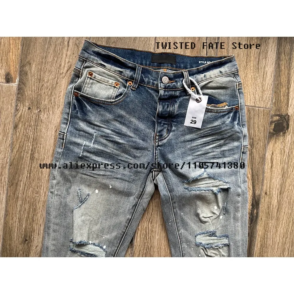 American High Street Quality Zoufalé Prané Světle Modré Zničené dírky Natahovací Skinny & Slim Fit Roztrhané džíny nastříkané sprejem