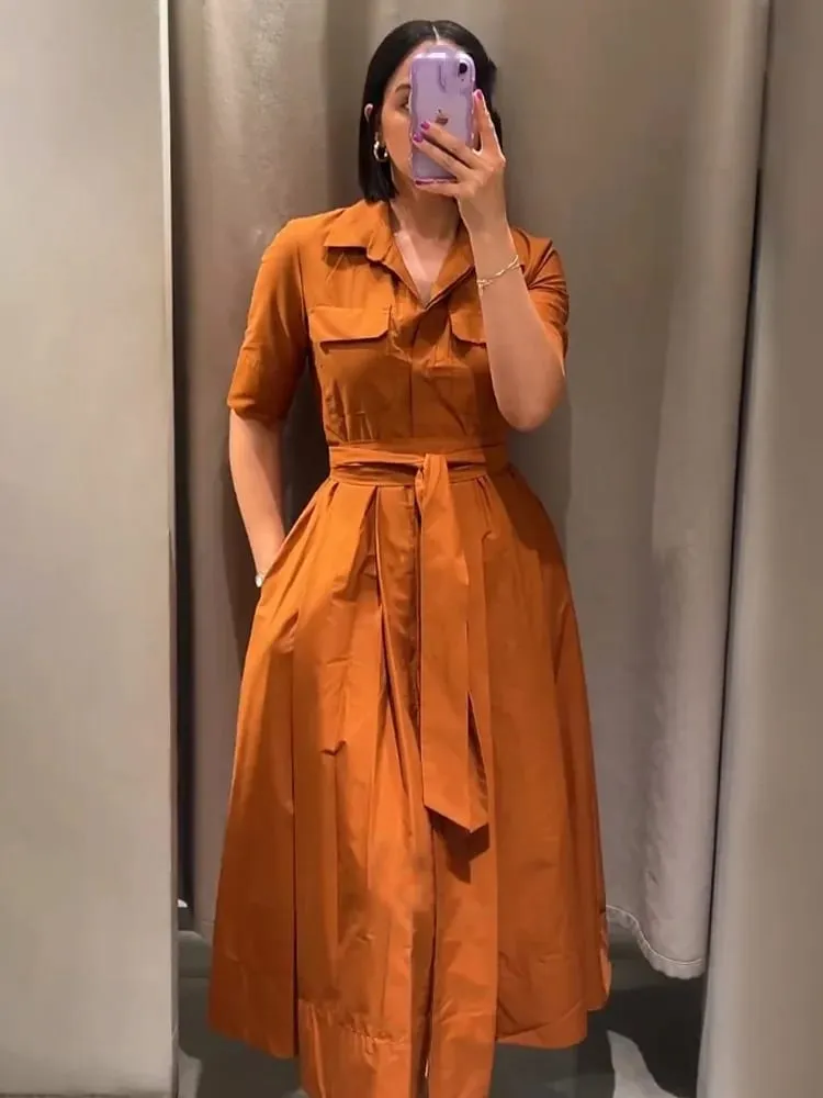 HH femmes été revers manches courtes poche simple boutonnage ceinture décorer robe Midi femme mode chemise Style robe plissée — image 2