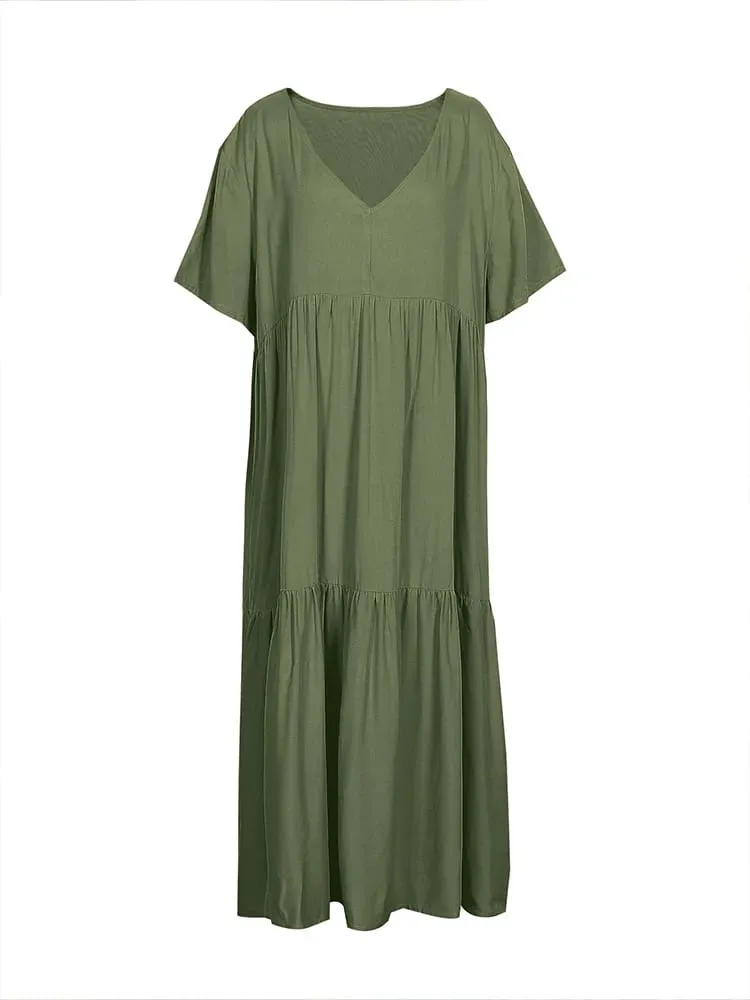 Plus Size Damen Casual Loose V-Ausschnitt Solides Langes Kleid Frühling Sommer Plissee Big Size Damenkleid — image 3