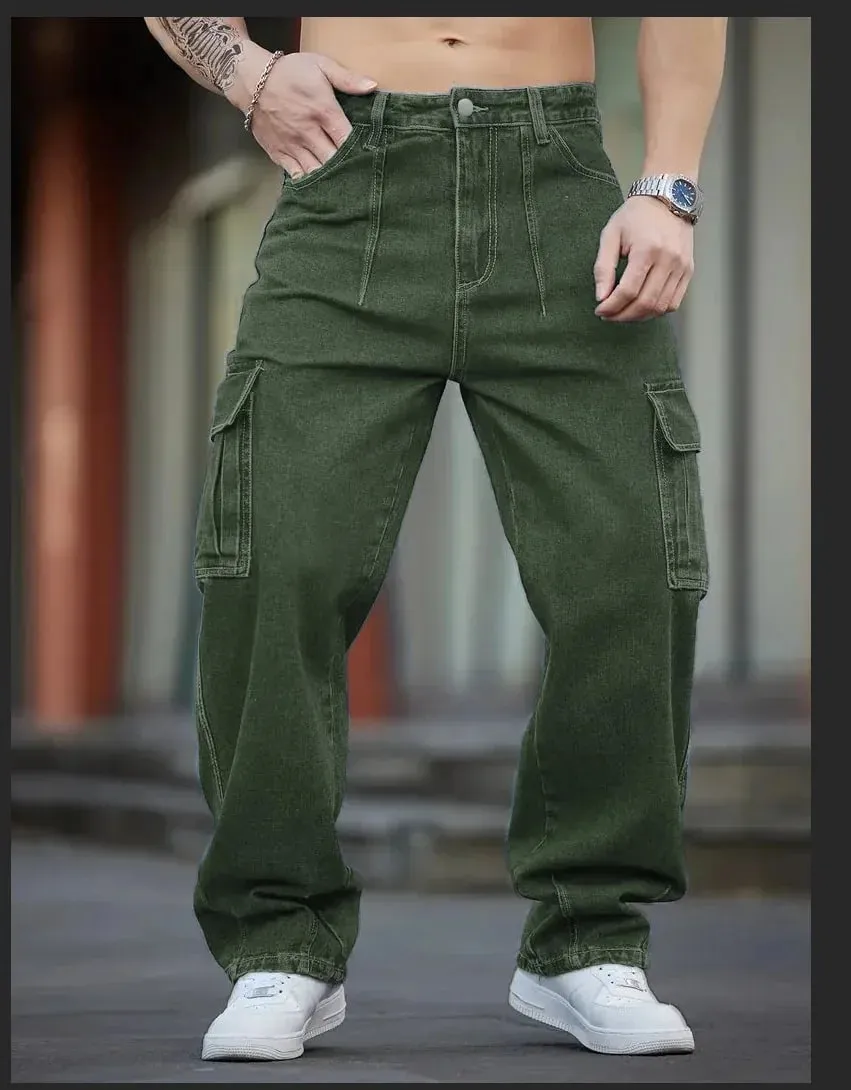 Herren-Jeans aus tiefblauem, gewaschenem Denim, Arbeitskleidung, lässiges Design mit mehreren Taschen, lockere Hose mit weitem Bein, Cargohose im Y2K-Stil — image 4