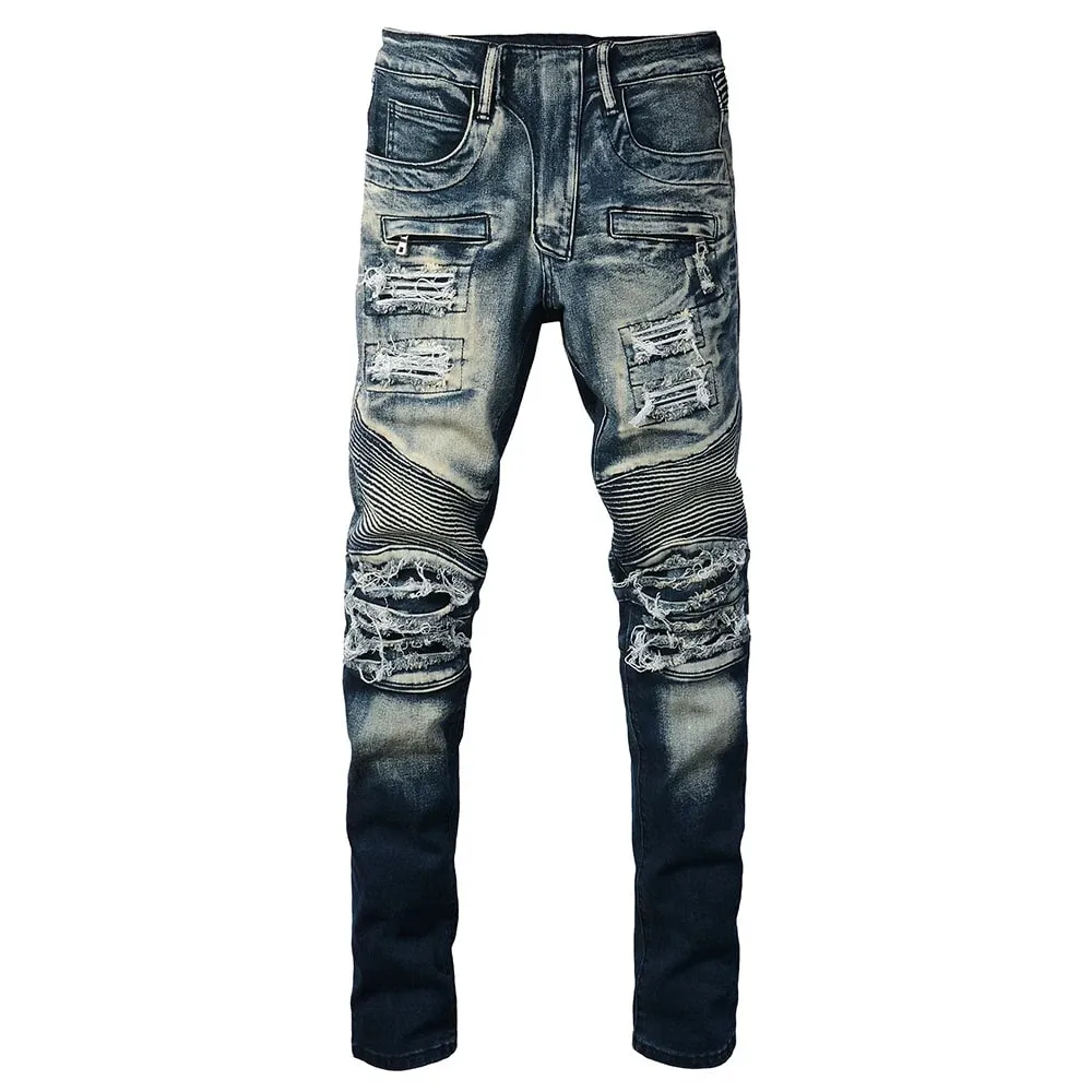 Herren-Biker-Jeans für Motorräder, Löcher, Risse, Distressed-Patch-Hose, Stretch-Denim, Baumwolle, schmale, gerade Hose, hohe Qualität