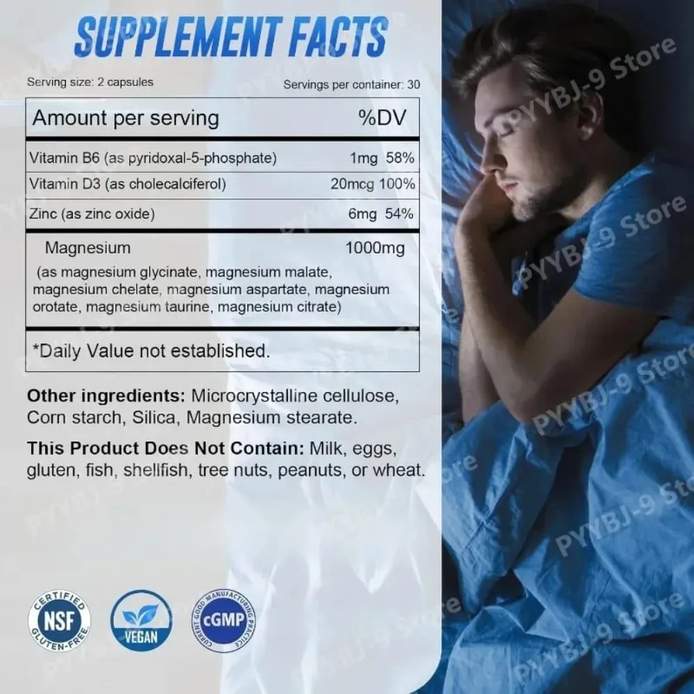 Magnesium 7-Complex Capsules 1000mg with B6 D3 Zinc High Absorption Vegan Formula for Muscle Nerve Bone Heart Support 60 Count — image 2