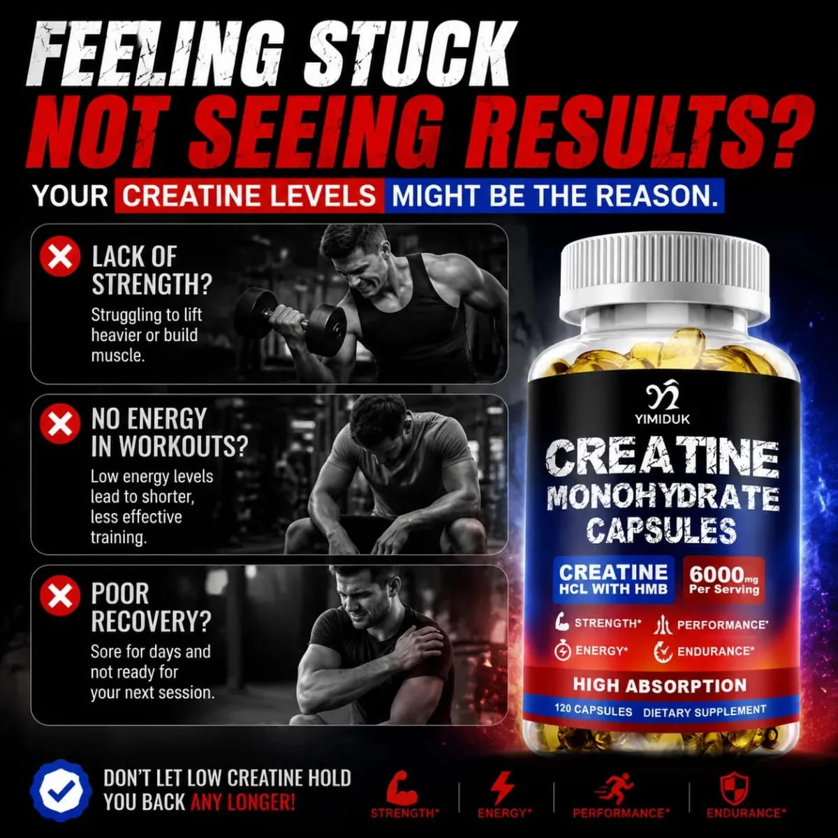 Creatine Monohydrate 6000mg Kapslar med Creatine HCL & HMB Boost Lean Muscle Förbättra träningsuthållighet Lättare muskeltrötthet — image 4