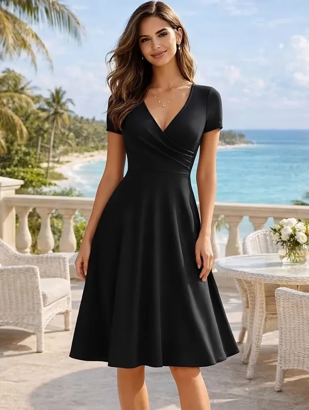 Damen-Kleid, elegant, Rundhalsausschnitt, Sommer, kurzärmelig, einfarbig, A-Linie, knielang, Kleid mit hoher Taille, für Party, Hochzeit, lässiger Abgang