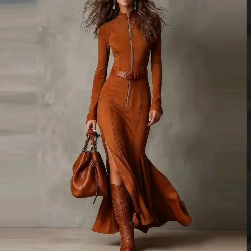 Gaun Pesta Suede Lengan Panjang Leher-o Kasual Gaun Panjang Ramping Solid Belah Samping Elegan Gaun Maxi Wanita dengan Ikat Pinggang — image 4