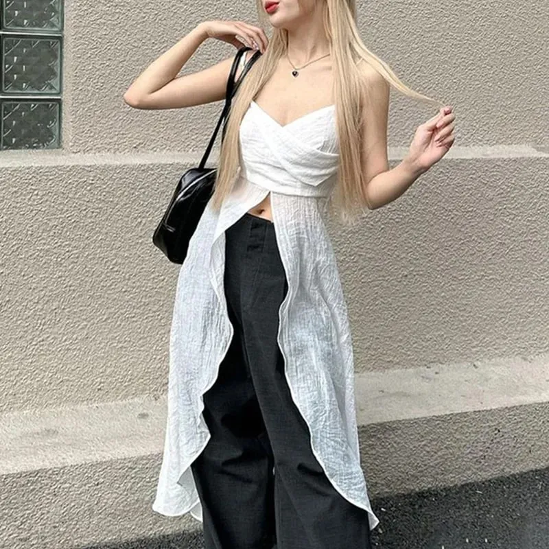 Xingqing y2k Camisole TOP เสื้อผ้าผู้หญิงสีทึบ V คอสปาเก็ตตี้สายคล้องคอ Slit ด้านหน้า T เสื้อถัง 2000s streetwear — image 4