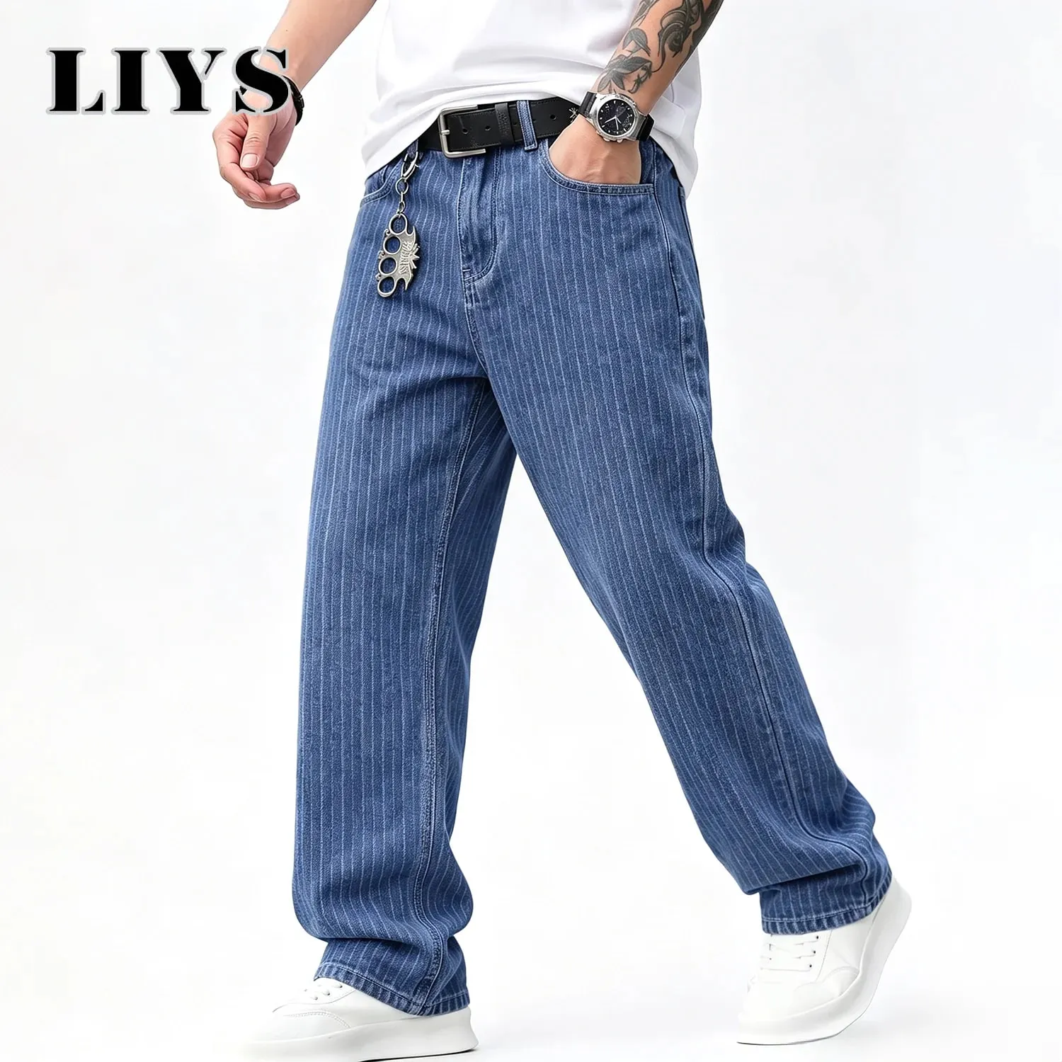 ผู้ชายแนวตั้งบางลาย Jacquard Baggy DENIM กางเกงคลาสสิกสีฟ้าหลวมขากว้างขาตรง VINTAGE ล้างกางเกงยีนส์