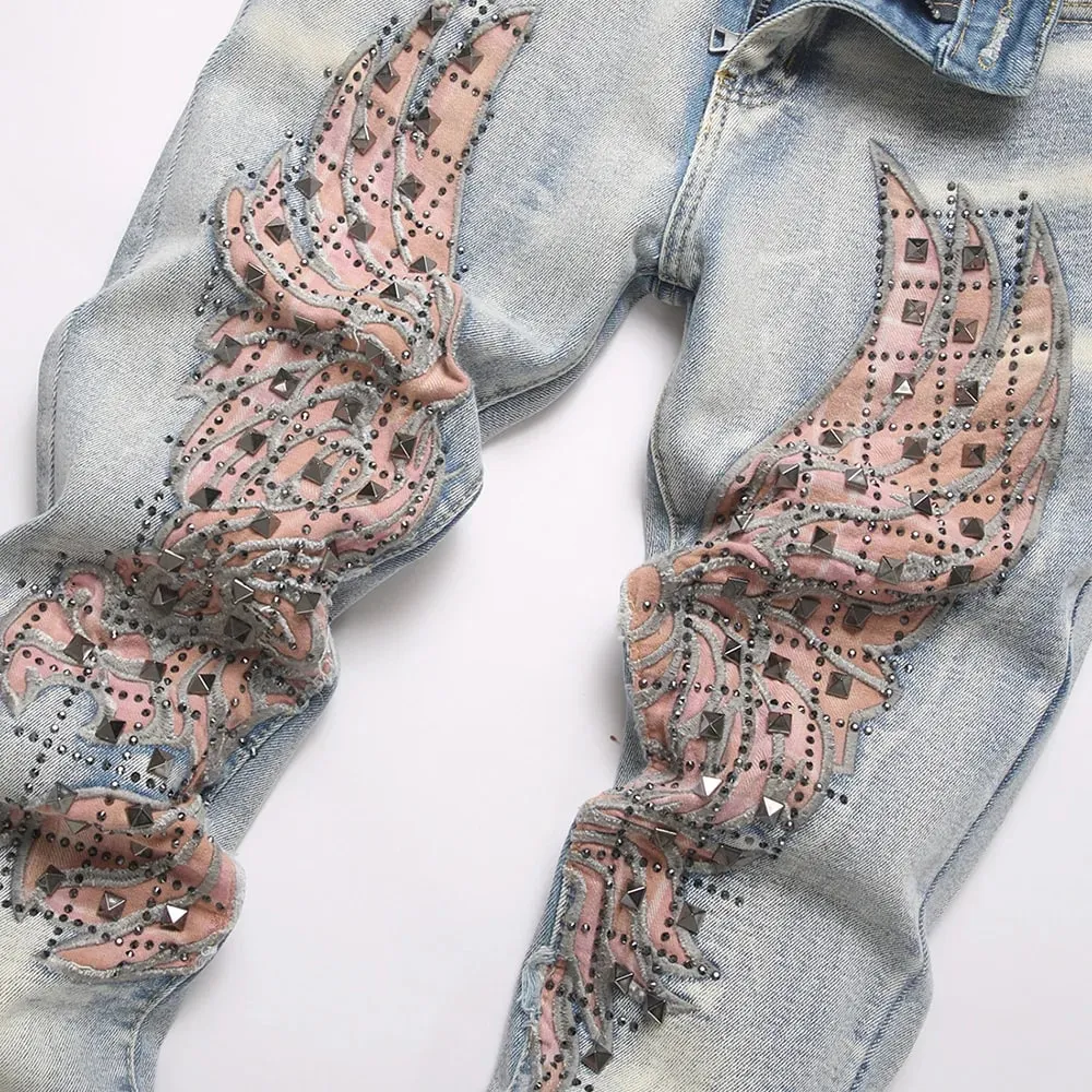 Jeans da uomo con toppa ad ala, taglio a stivale, rivetti, pantaloni svasati slim in cristallo, ricami, pantaloni in denim blu vintage — image 3