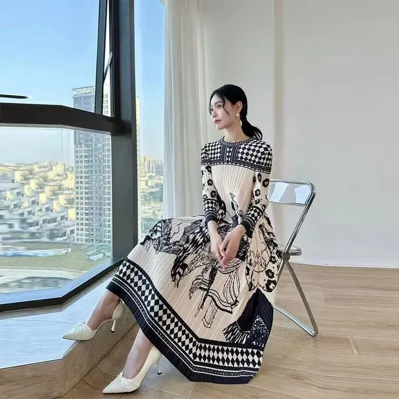 Beautiful Womens Dresses Spring New Printed Loose Folding Dress with Round Neck and Long Sleeve Fashion Temperament Long Dresses — image 5