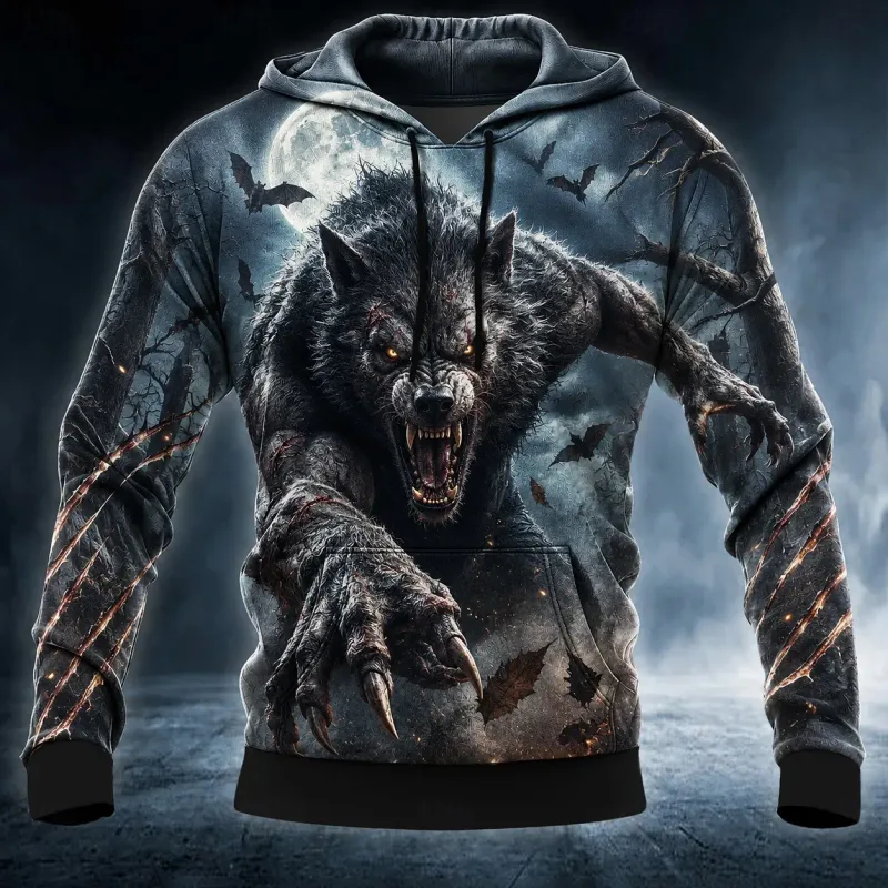 Mannen Gothic Weerwolf Grafisch Gedrukt Hoodie Lange Mouw Sweatshirt Casual Volle Maan Wolf Shirts Met Capuchon Tops