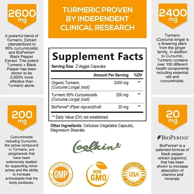 Curcumin-Ergänzungsmittel mit schwarzem Pfeffer, 2600 mg, enthält 95 % Curcumin. Nahrungsergänzungsmittel zur Gelenkunterstützung mit verbesserter Absorption — image 2