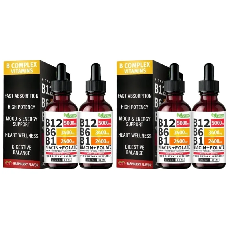 B12 B6 B1 Niacine Folate Liquide Sublingual Vegan B-Complex Gouttes pour l'énergie quotidienne et le soutien de la concentration Framboise pour hommes femmes 60 ML — image 8