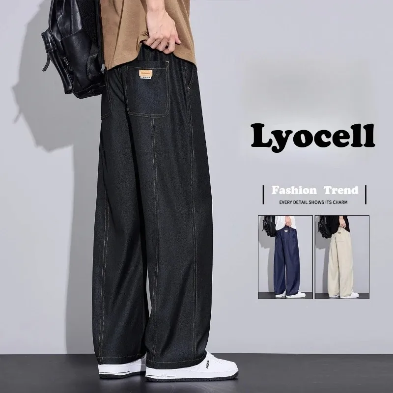 Men's Summer Lyocell Thin Wide Leg Jeans Ice Silk Cool Breathable Elastic Waist Casual Streetwear Denim Pants Daily Wear for Men — image 2