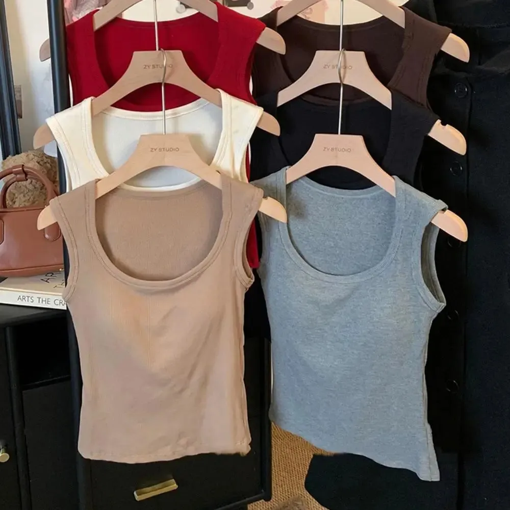 Frauen Einfarbig O Hals Rippen Tank Top Breite schulter Gurt Leibchen 2025 Sommer herbst Grundlegende Leibchen Elastische Tank Tops