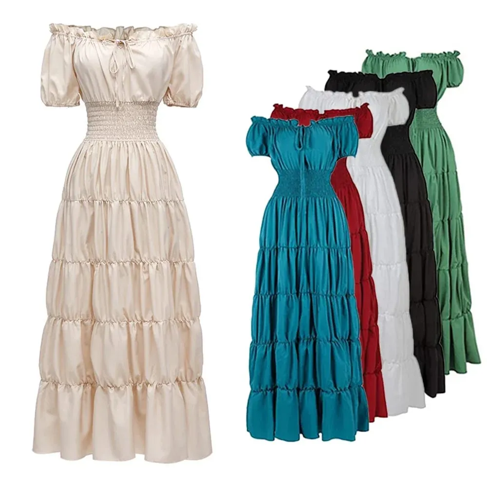 Gaun Renaisans Zaman Pertengahan Elegan Boho Lengan Pendek Off Bahu Baju Pinggang Berlipat Retro Gaun Kostum Panjang — image 2