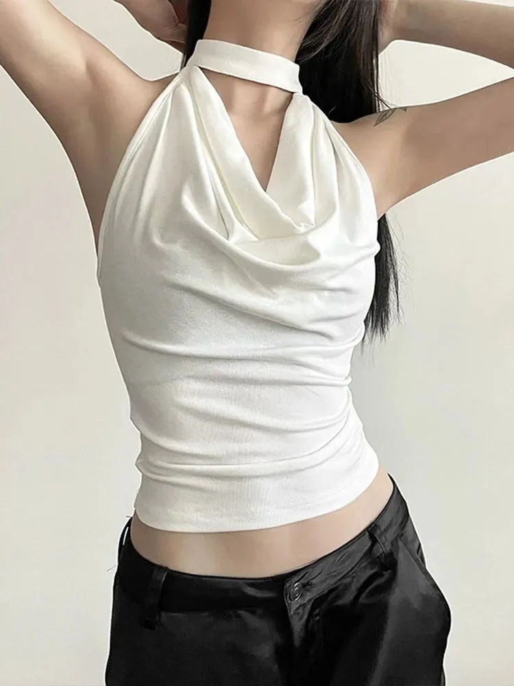 สีทึบสบายๆ All-Match Cool มั่นใจเซ็กซี่สวย High Street ฤดูร้อนผู้หญิงบาง Halter Vest — image 4