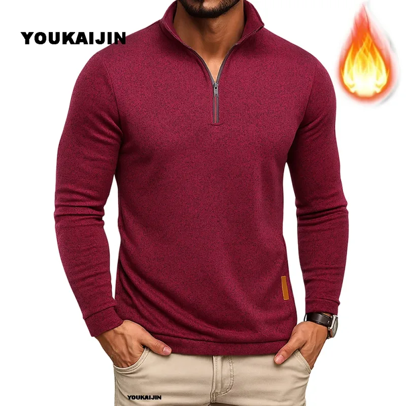 Sudaderas para hombre, jersey más grueso de primavera, jersey con cremallera de un cuarto para hombre, Sudadera con capucha para exteriores, sudadera de otoño, cuello alto de Color sólido — image 4