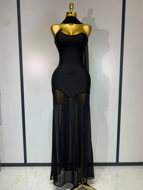 Seksowna długa bandażowa sukienka bez ramiączek czarna siateczkowa patchworkowa elegancka damska suknia wieczorowa bez ramiączek Bodycon sukienki urodzinowe