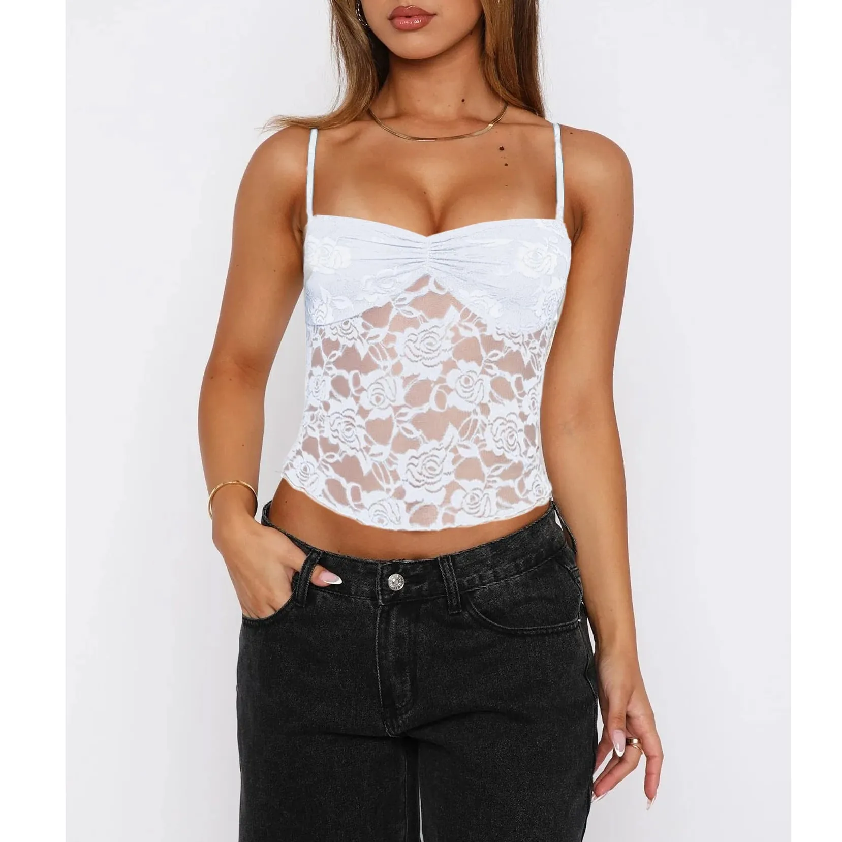 Haut caraco en dentelle d'été pour femmes, sans manches, froncé sur le devant, couleur unie, débardeur Slim Fit