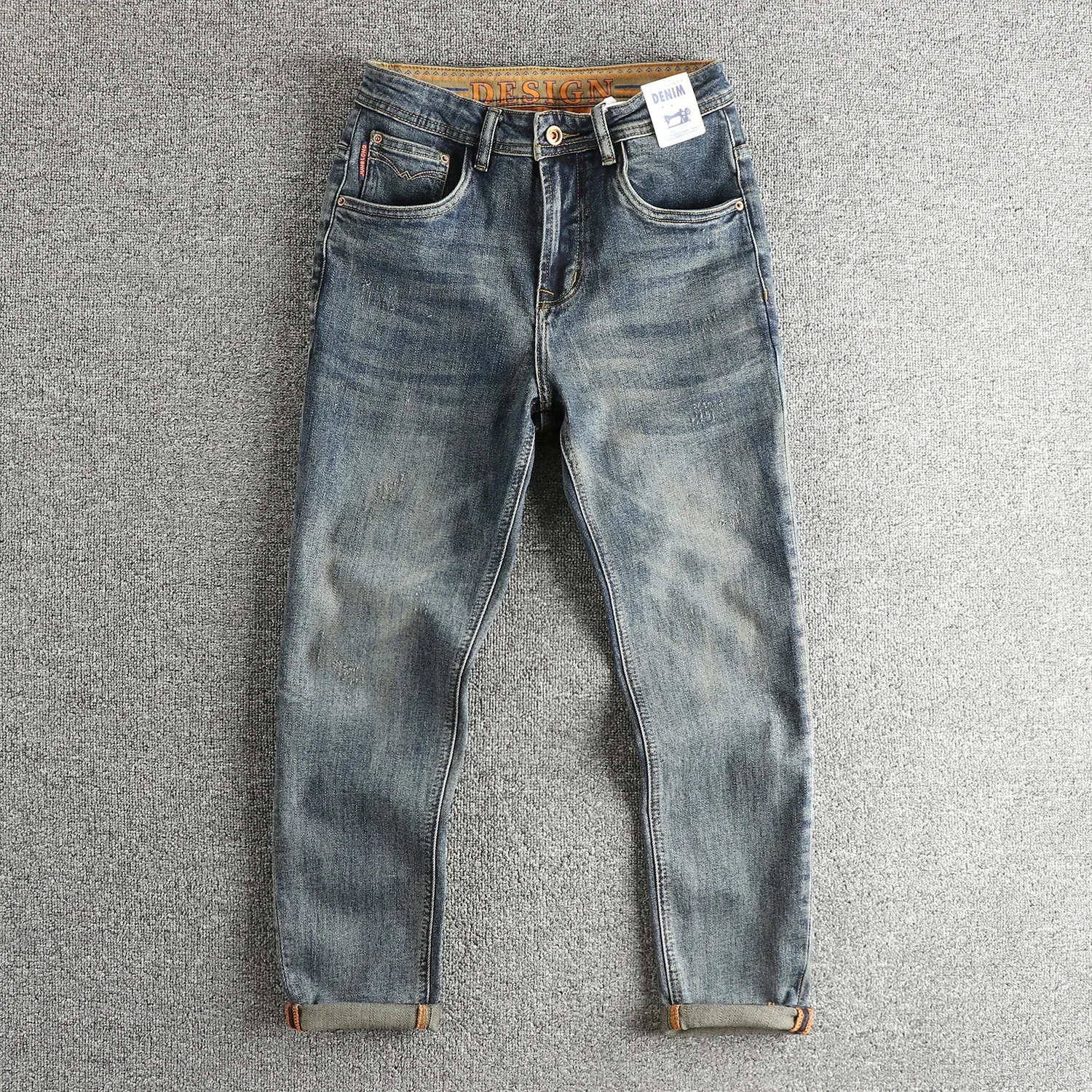 Retro blaue gewaschene Cat Whisker Jeans Herren High-End-Custom-Stoff amerikanische Modemarke Jugend Neun-Punkt-Hose