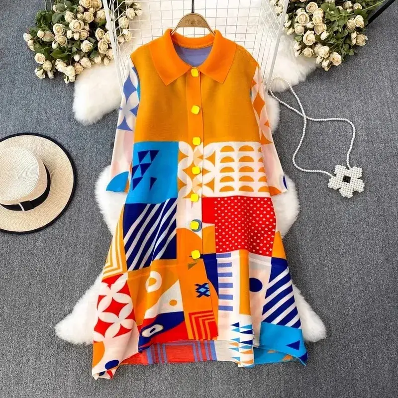Miyake Pleated Drape Dress Women 2024 Spring Summer Colorblock Printing Lapel 3/4 Sleeve Single-breasted Fashion Shirt Dresses — image 5