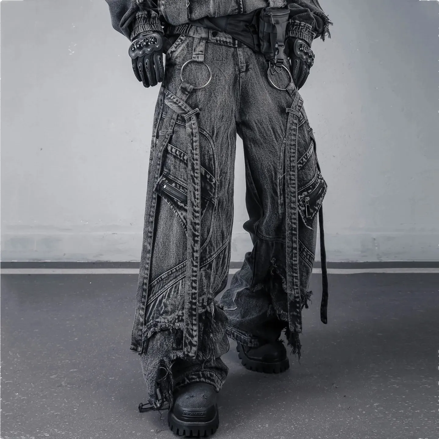 Deconstructed สายรัดล้าง Vintage Cargo กางเกงยีนส์ Man Woman Techwear Wasteland สไตล์ขากว้างยุทธวิธี Baggy กางเกง Street Wear — image 4