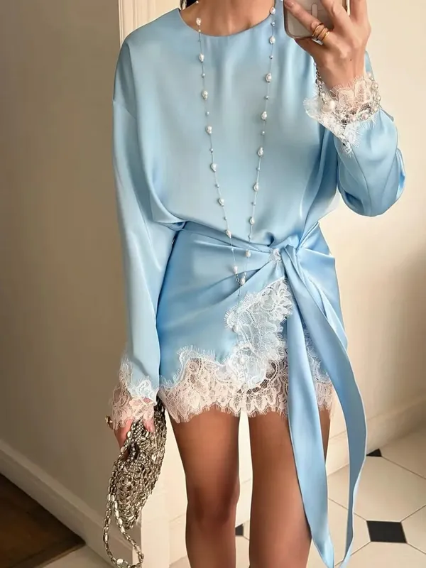 Frauen Elegante Spitze Patchwork Lace-up Kleid Solide Rundhals Volle Hülse Satin Lose Mini Kleider 2026 Frühling Party club Vestido
