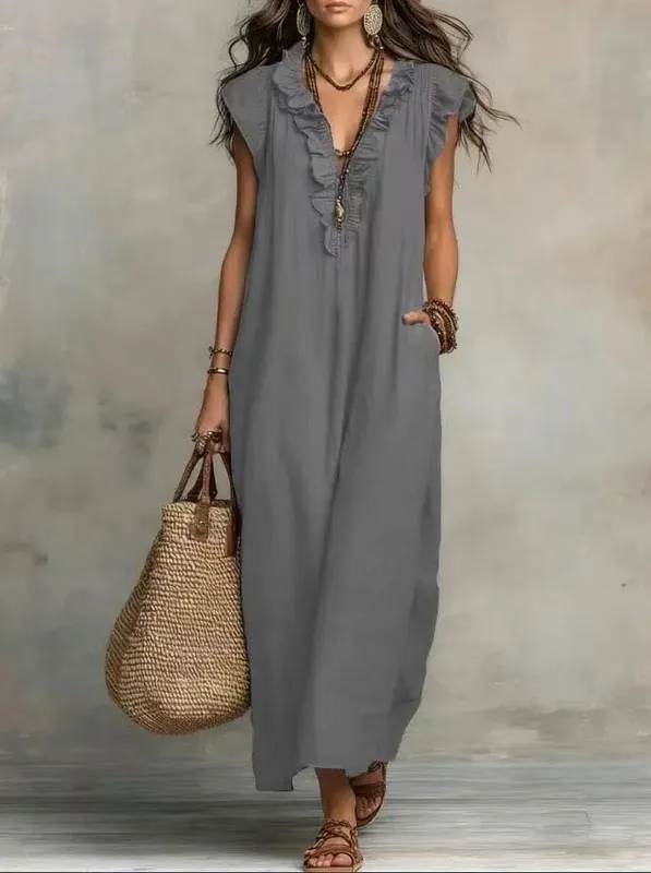 2026 Estate Donna Boho Cotone Lino Maxi Abito Tinta unita Ruffle Scollo a V Senza maniche Abiti lunghi larghi con tasche Casual Beach — image 12