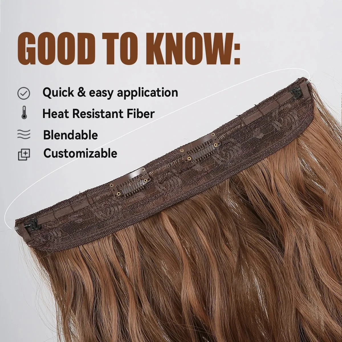 Invisible Wire Hair Extensions with Transparent Adjustable Size 2 Clips Long Wavy One Piece Hairpiece Golden Brown for Women