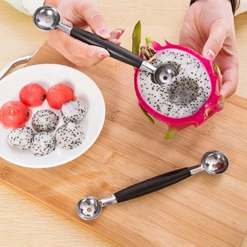 Cuillère à glace multifonctionnelle en acier inoxydable, cuillère à glace aux fruits à double tête, boule de pastèque, outils de cuisine 1 pièce