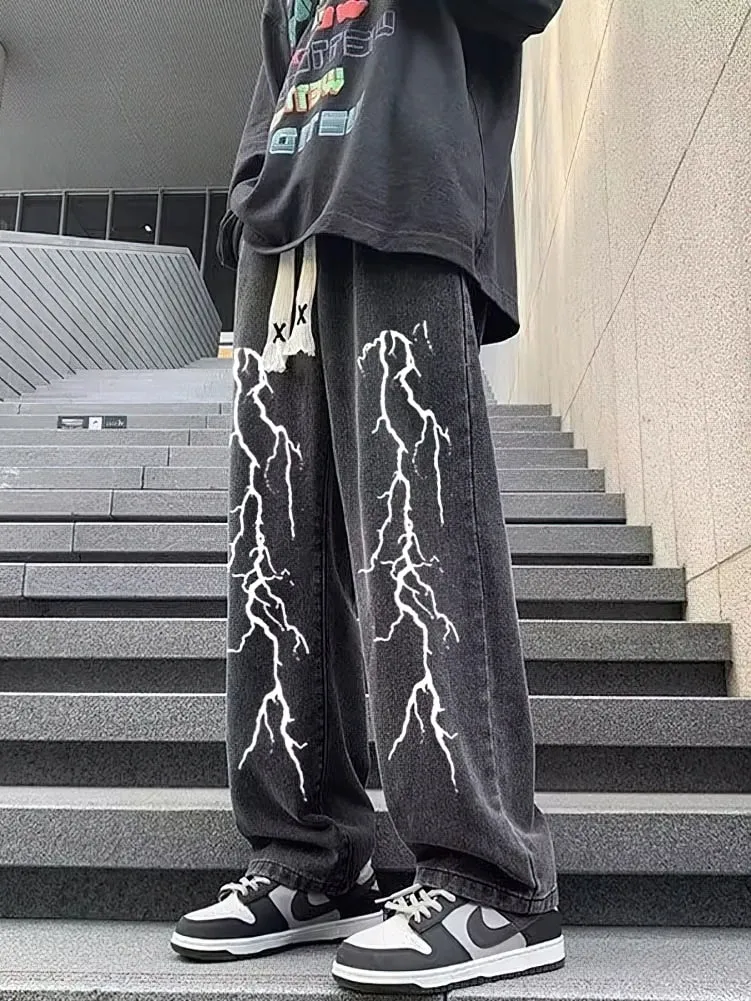Printed Black Baggy Jeans Pants Men Straight Oversize Graphic Casual Wide Leg Denim Long Trousers Korean Drawstring Sweatpants