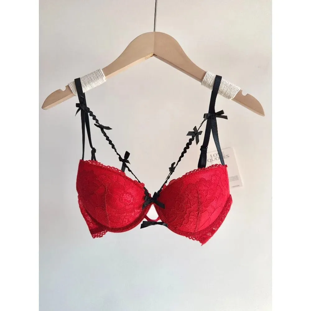 セクシーなงานแต่งงานเจ้าสาวชุดชั้นในลูกไม้สีแดงชุด Bowknot Push Up Bra สำหรับหน้าอกขนาดเล็กผู้หญิง Party Pure Look ชุดชั้นใน Intimate — image 7