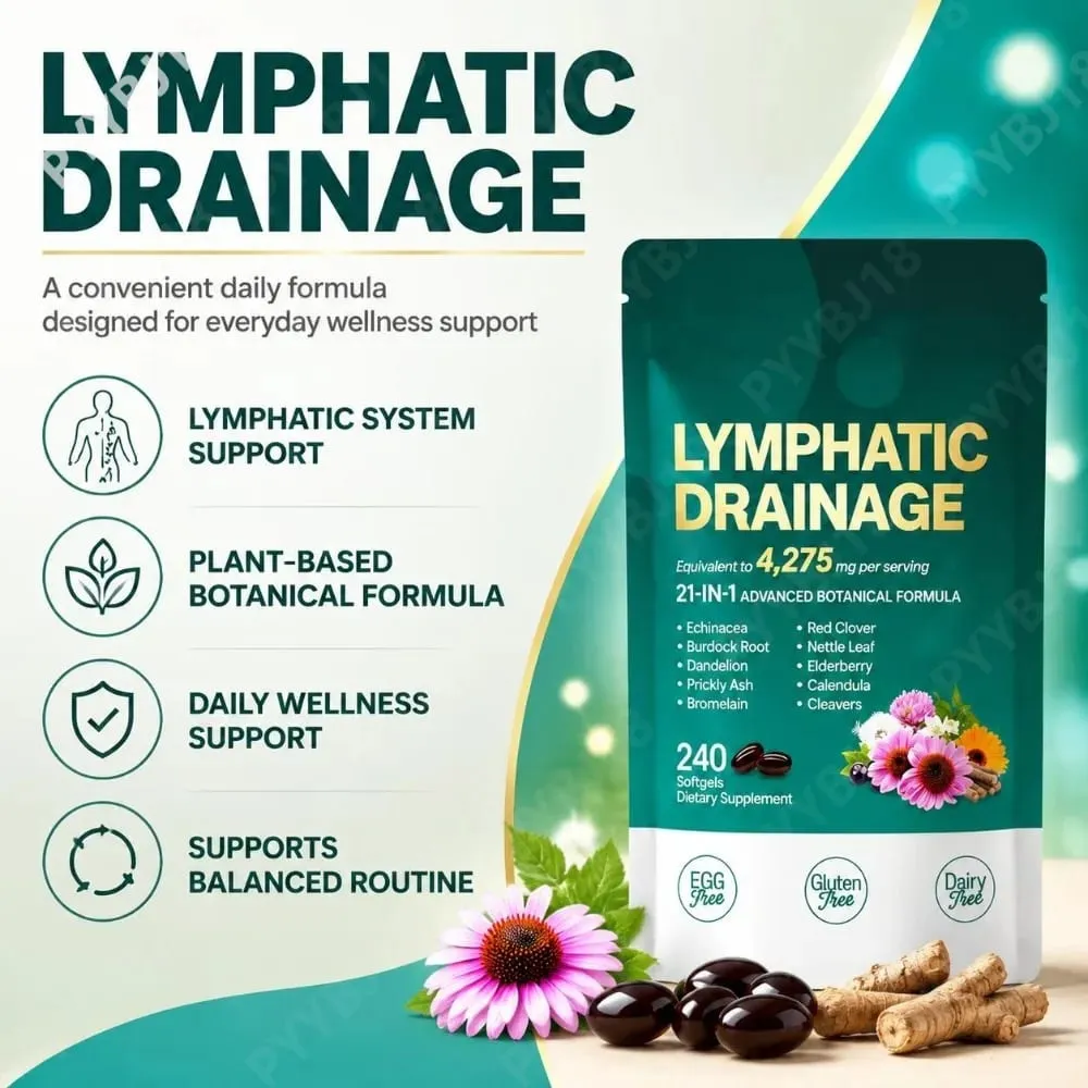 Softgel Pendukung Limfatik dengan Suplemen Herbal Echinacea Dandelion Formula Botani 21-in-1 untuk Sistem Aliran Getah Bening 240 Hitung — image 2