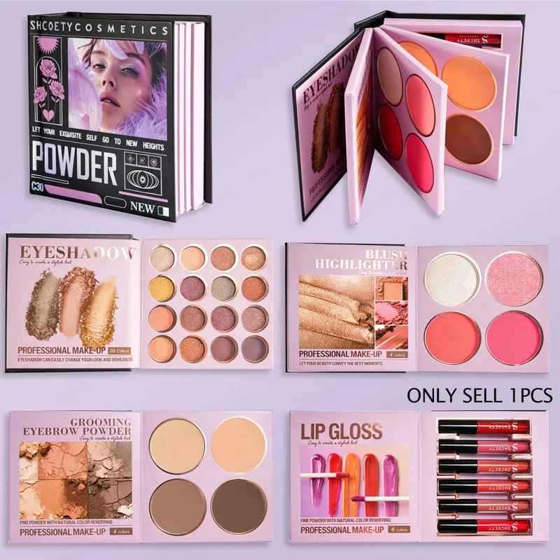 Kit de libro de maquillaje todo en uno de varias páginas, sombra de ojos, rubor, resaltador, polvo para cejas y brillo de labios, paleta cosmética