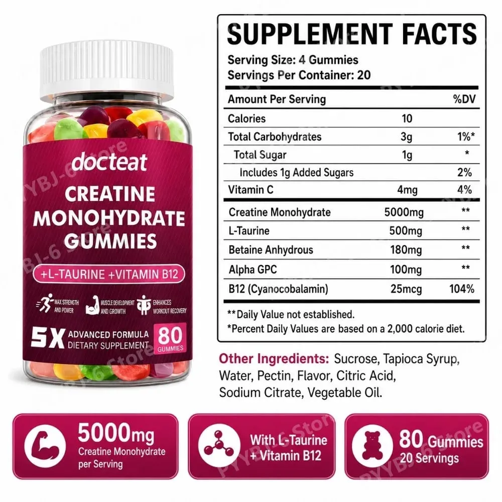 Creatine Monohydrate Gummies 80 นับพร้อมทอรีนวิตามินบี 12 อาหารเสริมโภชนาการการกีฬาแบบเคี้ยวสำหรับกล้ามเนื้อและพลังงาน — image 3