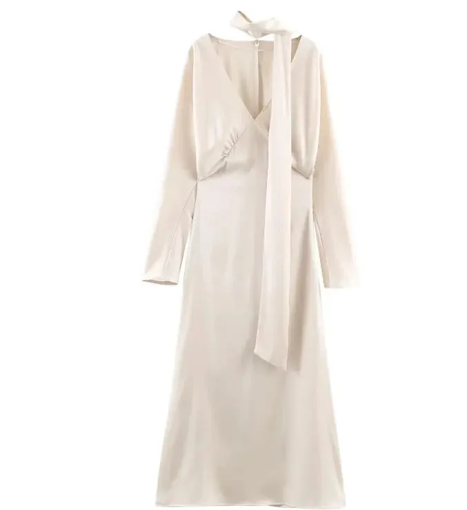 2026 nuova sciarpa abiti lunghi eleganti solidi donna primavera scollo a V manica lunga club party abito lungo abiti eleganti slim fit femminili — image 8