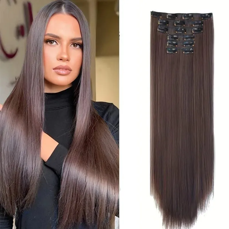 คลิปต่อผมส่วนขยายของผมหนายาวลูกไม้ผ้าน้ำหนักเบาสังเคราะห์ Hairpieces สำหรับผู้หญิงช็อคโกแลตสีน้ำตาลด้วย Go — image 9